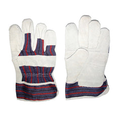 TGG-416 Gloves, Fitter, Reinforced/Wing Thumb Style, Cotton Palm, Cowhide Split Leather, Brown/Blue With Red Stripes/Gray, Safety Cuff, Unlined Lining
