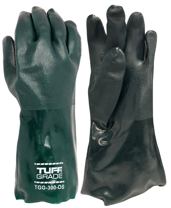 Tuff Grade TGG-300-OS Gloves, Universal, Cotton Palm, Double Dip PVC, Green, Gauntlet Cuff, Cotton Lining