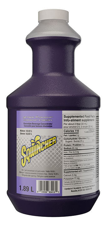 Sqwincher 030322-GR Standard Formula Sports Drink Mix, 64 oz Container Bottle Container, 5 gal Yield, Liquid Form, Grape