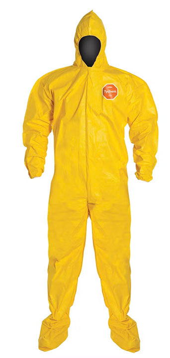 DuPont QC122BYLXL001200 Standard Coverall With Attached Hood and Socks, XL, Yellow, 10 mil Tychem 2000, 41-1/4 to 44-3/4 in Chest, 29 in L Inseam 12/CS