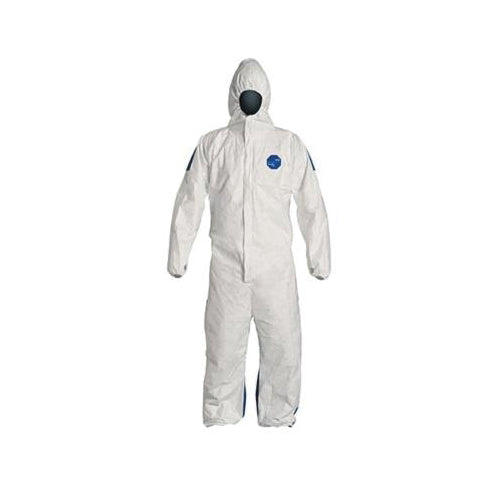 DuPont TD127SWBLG0025CM Disposable Coverall With Respirator Fit Hood, Elastic Wrist and Ankle, L, Blue Back/White Front, 5.9 mil Tyvek 400 D, 39-3/4 to 43-1/4 in Chest, 29 in L Inseam 25/CS
