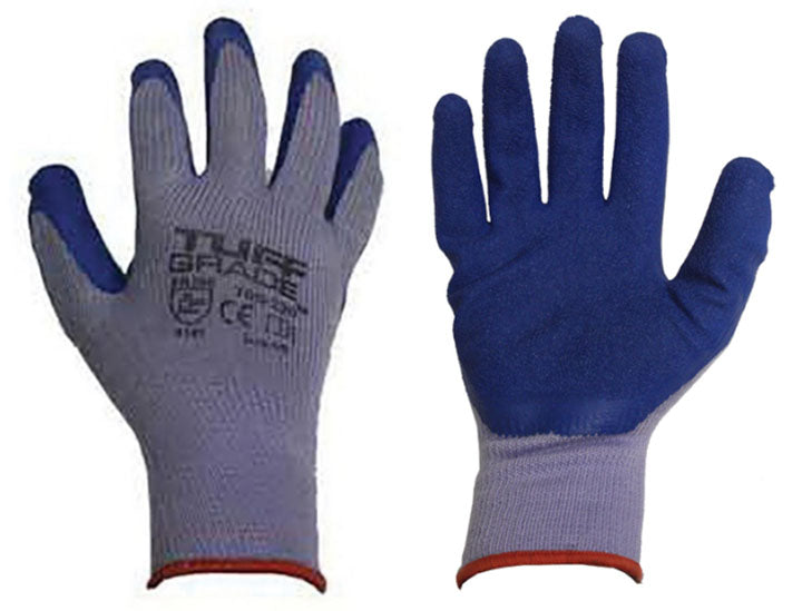 Tuff Grade TGG-220-11 Gloves, Seamless Style, 2XL, Rubber Latex Palm, 10 ga Seamless Knit Poly-Cotton, Blue, Knit Wrist Cuff, Resists: Wet and Dry, Unlined Lining
