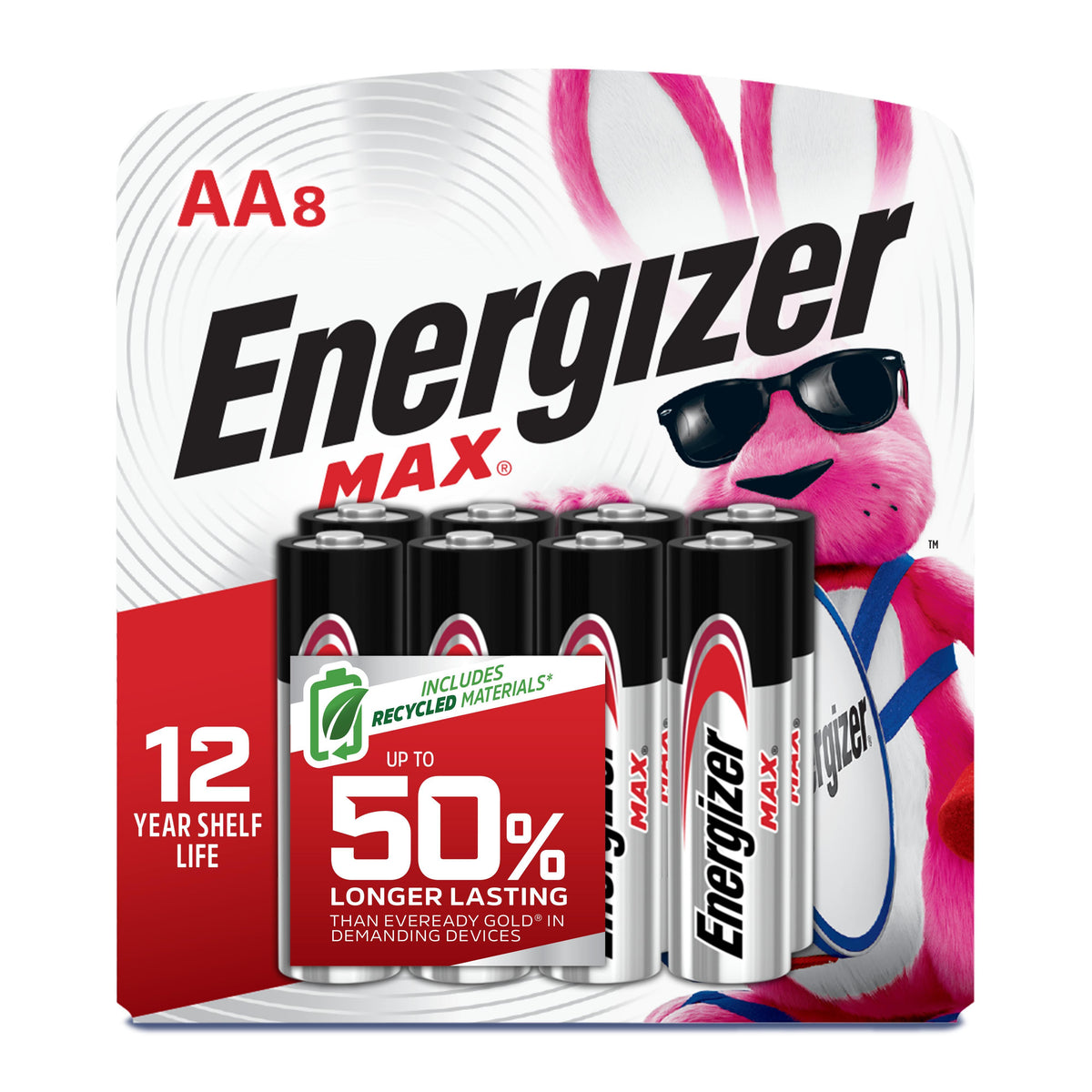 Energizer MAX E91MP-8 Alkaline Battery, Zinc-Manganese Dioxide, 1.5 V Nominal, AA 8PK