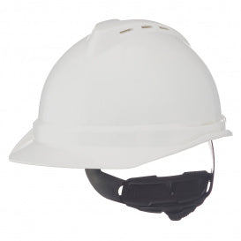 MSA V-Gard 10034018 500 Front Brim Vented Hard Hat, 6-1/2 Fits Mini Hat, 8 Fits Max Hat, Polyethylene, 4-Point Fas-Trac III Suspension, ANSI Electrical Class Rating: Class C, ANSI Impact Rating: Type I, Ratchet Adjustment