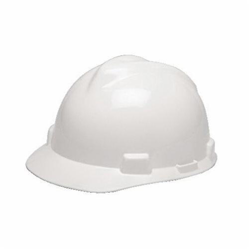 MSA V-Gard 475358 Front Brim Hard Hat, 6-1/2 Fits Mini Hat, 8 Fits Max Hat, Polyethylene, 4-Point Fas-Trac III Suspension, ANSI Electrical Class Rating: Class E, ANSI Impact Rating: Type I, SBA Logo Graphics, Ratchet Adjustment