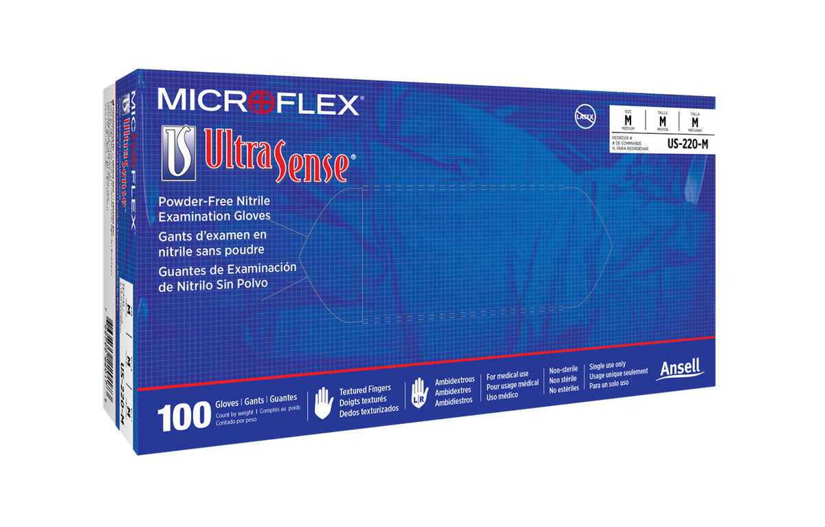 Microflex US-220-S UltraSense US-220 Non-Sterile Single Use Disposable Gloves, S, Nitrile, Blue, 9.6 in L, Non-Powdered, Textured Finger, 3.1 mil THK, Application Type: Exam/Medical Grade, Ambidextrous Hand