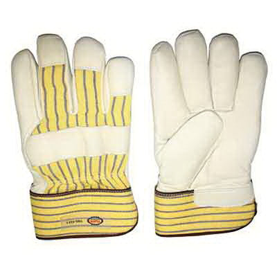 Tuff Grade TGG-412 Gloves, Fitter, Wing Thumb Style, Cowhide Grain Leather, Brown/Tan/Yellow With Blue Stripes, Safety Cuff, BOA Lining