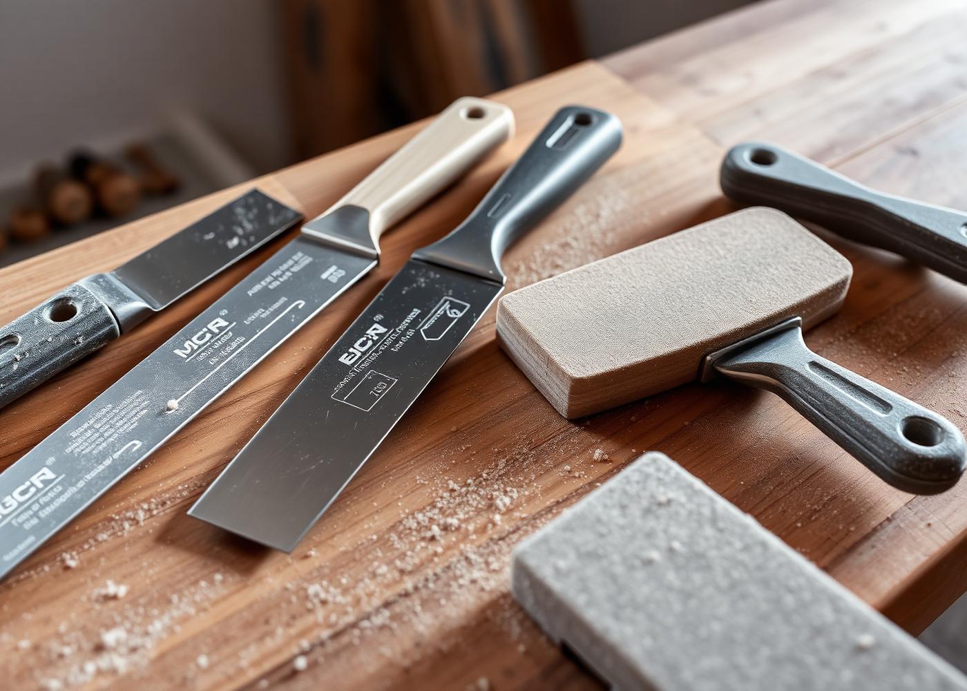 Professional drywall finishing tools on a workbench